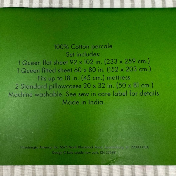 Kate Spade QUEEN Sheet Set WHITE & GRAY stripe pink hearts Cotton Percale NWT - Picture 5 of 7